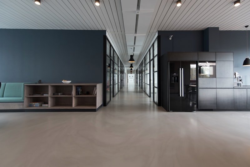 Office corridor lined with storage and filing units